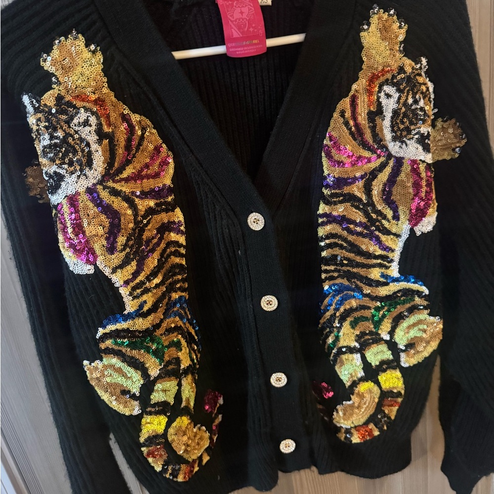 Queen of sparkle Black Sequin Tiger Cardigan XS